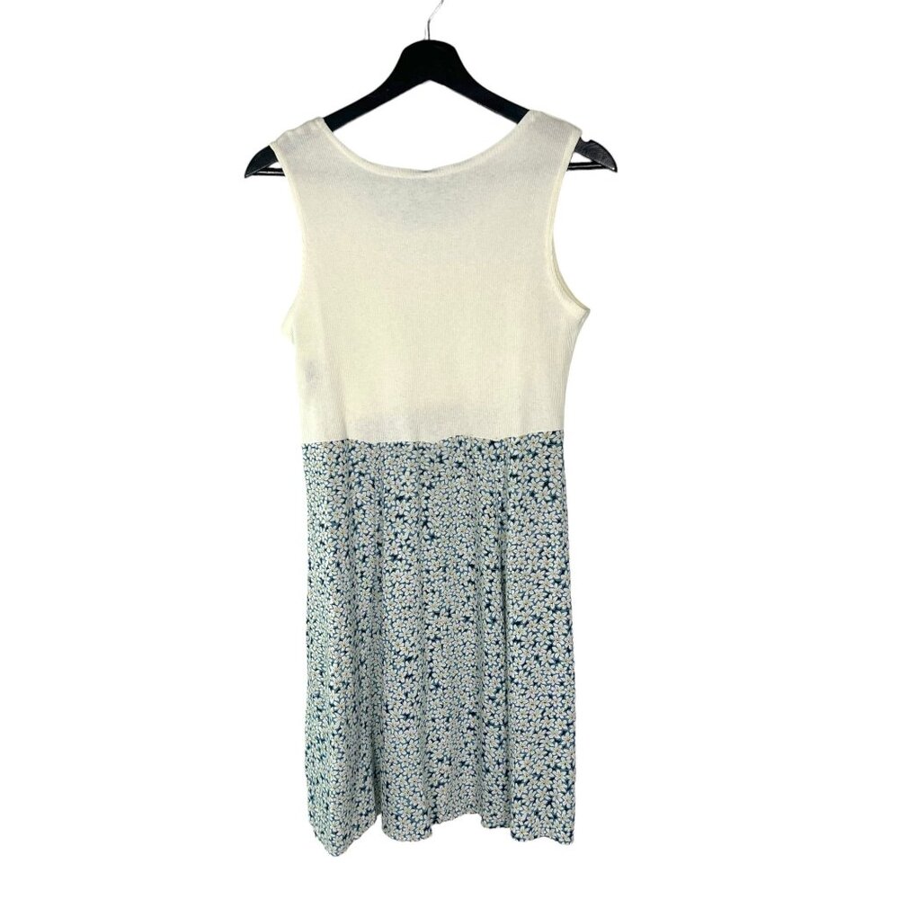 Vintage 90s Off White Blue Floral Short Sleeveless Sundress Medium - Picture 4 of 11